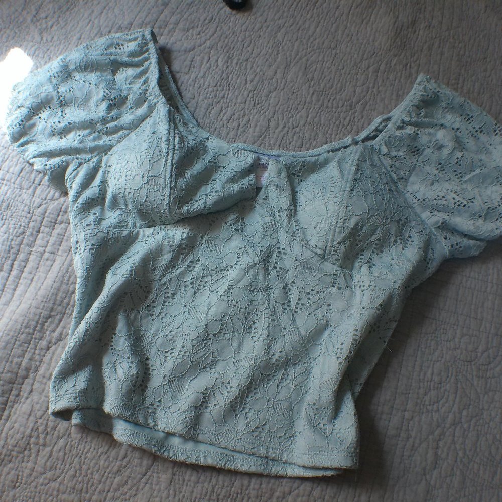 Sage Green Lace Crop Top with Puff Sleeves
